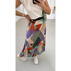 Suncoo Jupe Fanja Geometric Multicolor Stripe Pleated Midi Skirt Small T1
